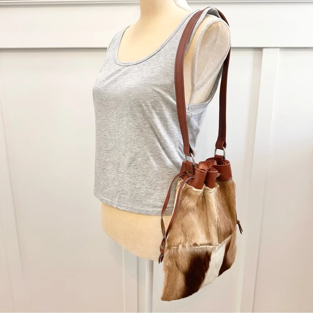 Vintage Cowhide Drawstring Leather Purse Shoulder Bag Brown Tan White Silk Lined - Picture 11 of 16